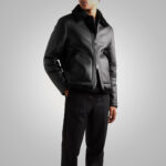 Mens Shearling Lined Leather Black Trucker Jacket - Image 3