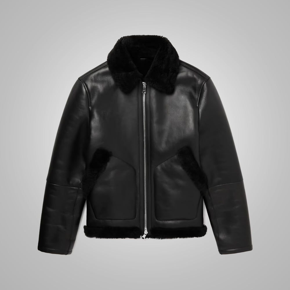 MensShearlingLinedLeatherBlackTruckerJacket4.jpg Mens Shearling Lined Leather Black Trucker Jacket - Image 1