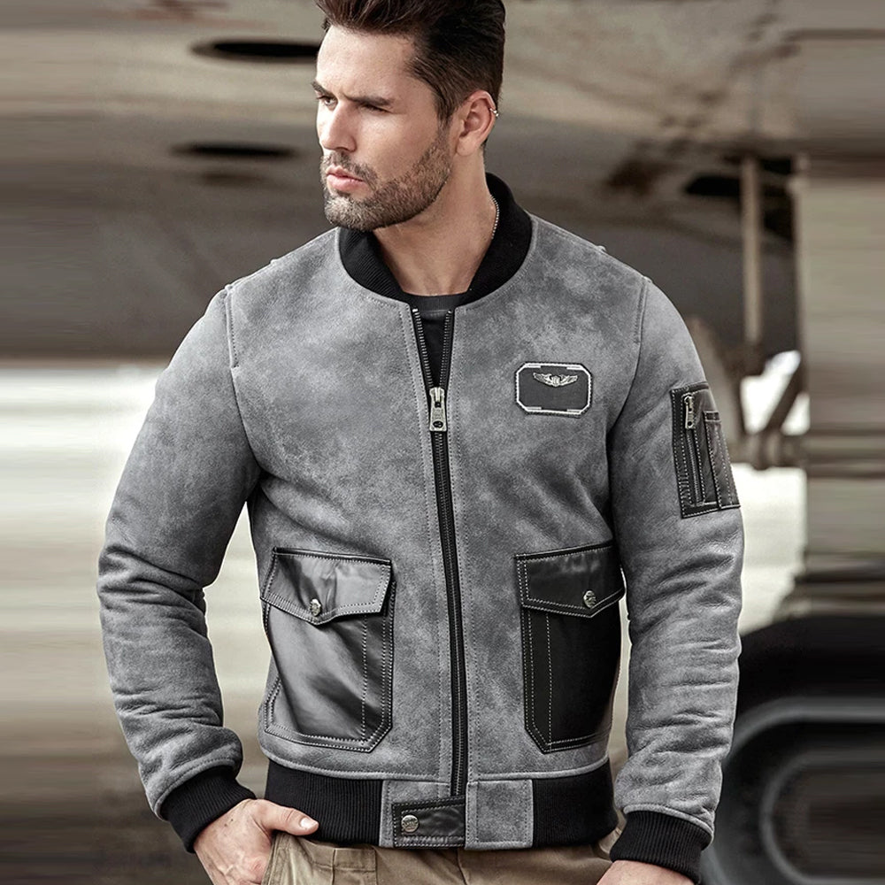 MensSheepskinShearlingJacketMotorcycleLeatherJacketA2AirforceFlightCoatBaseballCollarFurCoat_cf3b47a4-1c7e-4773-b881-534dd001a704.jpg Mens A2 Airforce Sheepskin Shearling Motorcycle Leather Bomber Jacket - Image 1