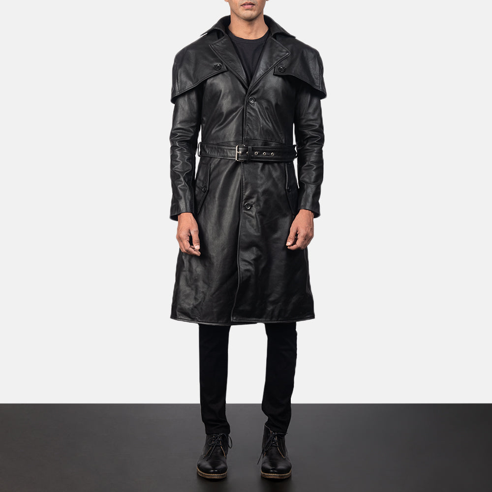 MensShinnyBlackLambskinLeatherDusterCoat.jpg Mens Shinny Black Belted Lambskin Leather Duster Coat - Image 1