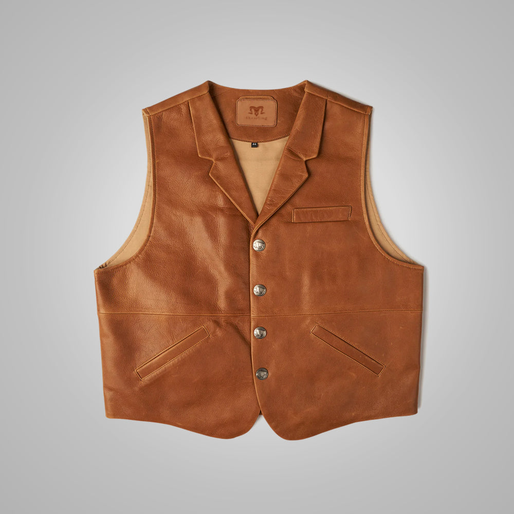 MensVintageBrownSheepskinLeatherCowboyVest4.jpg Mens Vintage Brown Sheepskin Leather Cowboy Vest - Image 1