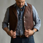 Mens Western Stlye Brown Leather Vest - Image 4
