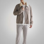 Mens White Fur Collar Grey Suede Leather Trucker Jacket - Image 2