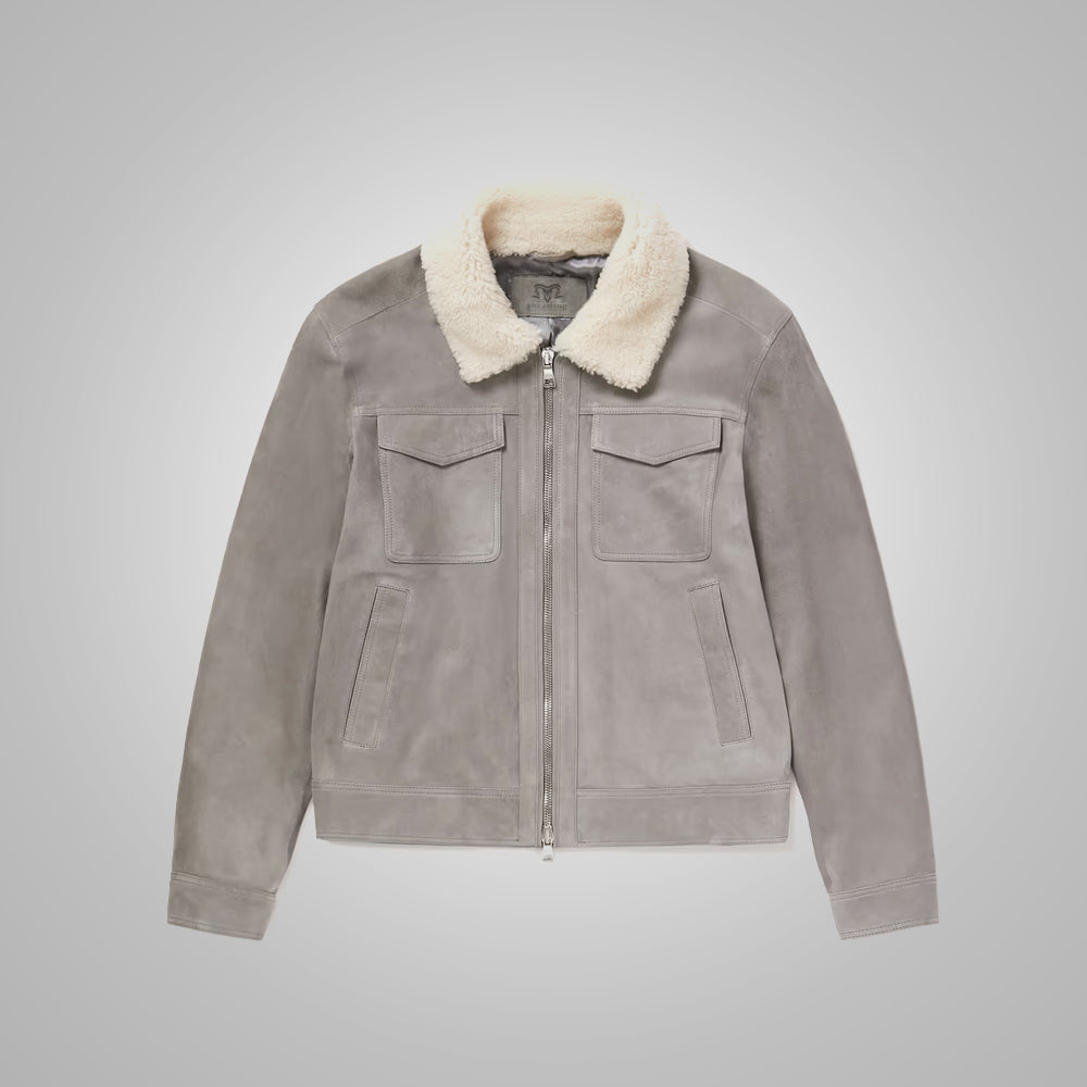 MensWhiteFurCollarGreySuedeLeatherTruckerJacket4.jpg Mens White Fur Collar Grey Suede Leather Trucker Jacket - Image 1