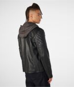 Men's Leather Removable Hood Moto Jacket In Black - Image 3