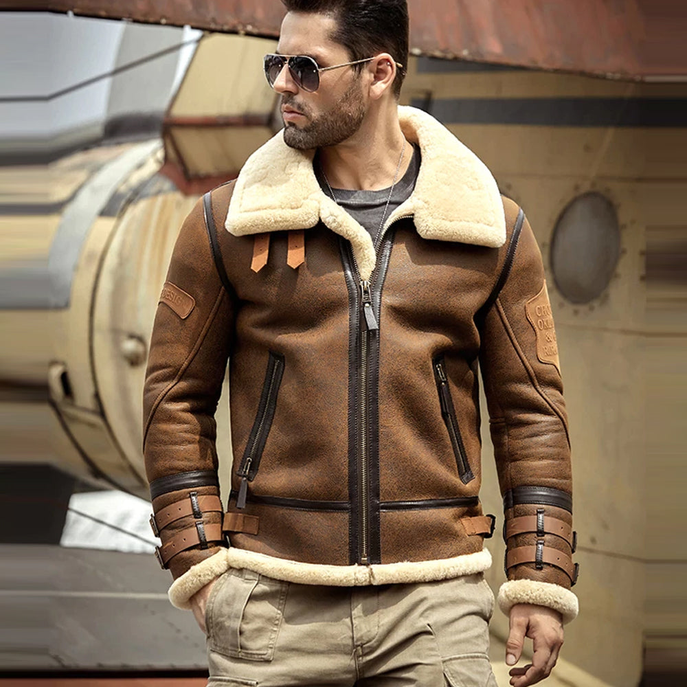 NewMensB3SheepskinShearlingJacketLapelLeatherJacketBadgeAirforceFlightCoatWinterMensFurCoat.jpg New Mens B3 Airforce Sheepskin Shearling Leather Jacket - Image 1