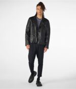 Men's Leather Removable Hood Moto Jacket In Black - Image 5