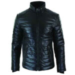 Genuine Quilted Mens Real Leather Puffer Zipped Jacket Black Casual