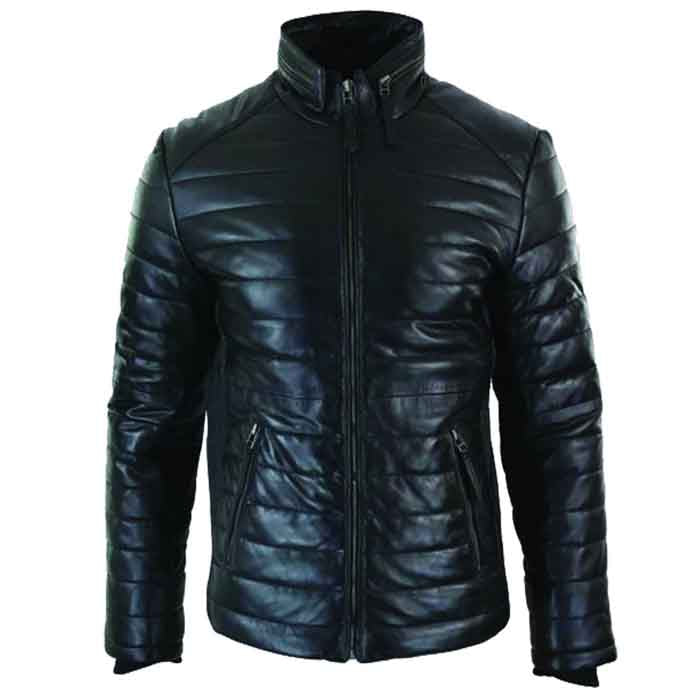 PLJ1.jpg Genuine Quilted Mens Real Leather Puffer Zipped Jacket Black Casual - Image 1