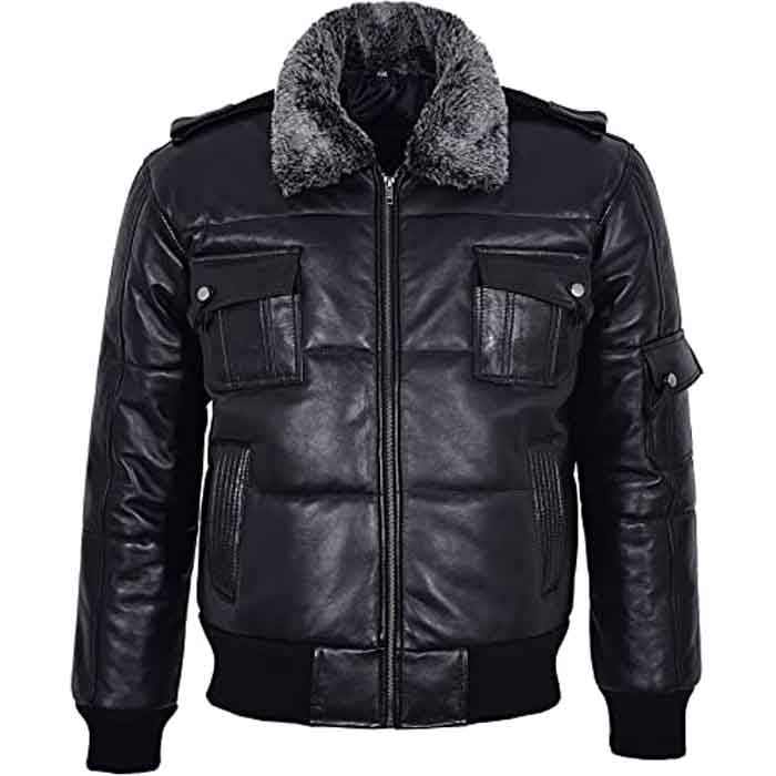 PLJ3.jpg Men’s Black Hair On Collar Puffer Bomber 100% Real Leather Jacket - Image 1