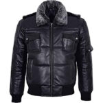 Men’s Black Hair On Collar Puffer Bomber 100% Real Leather Jacket - Image 2