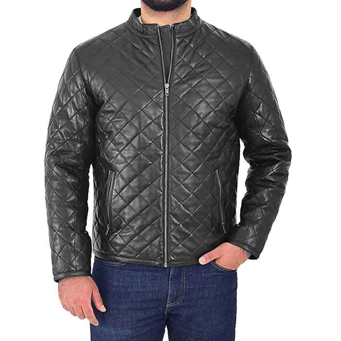 PLJ6.jpg Men’s Leather Puffer Jacket Black Padded Zip Fasten Stand-up Collar - Image 1