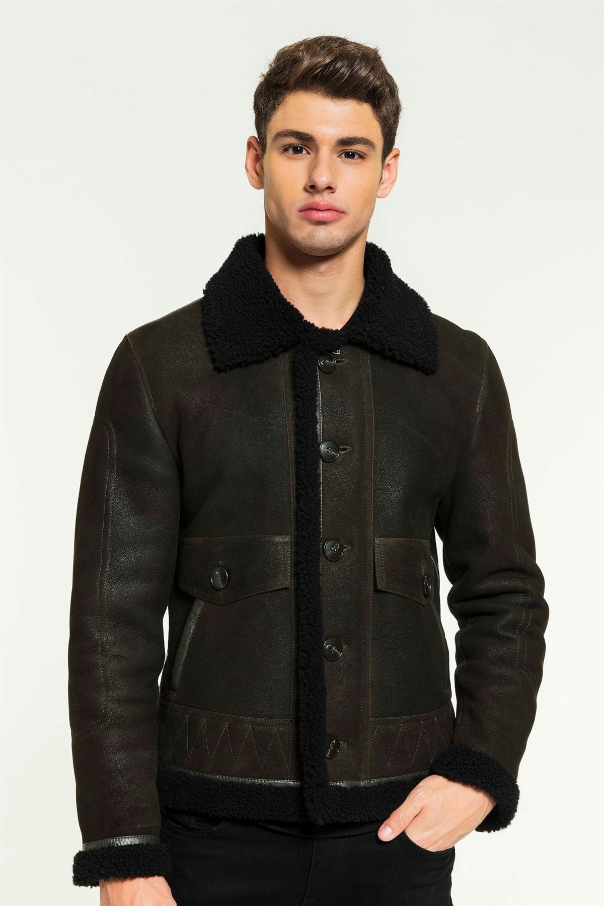 RAUL-Men-Aviator-Dark-Green_Black-Shearling-Jacket.jpg Men Aviator Dark Green&Black Shearling Jacket - Image 1