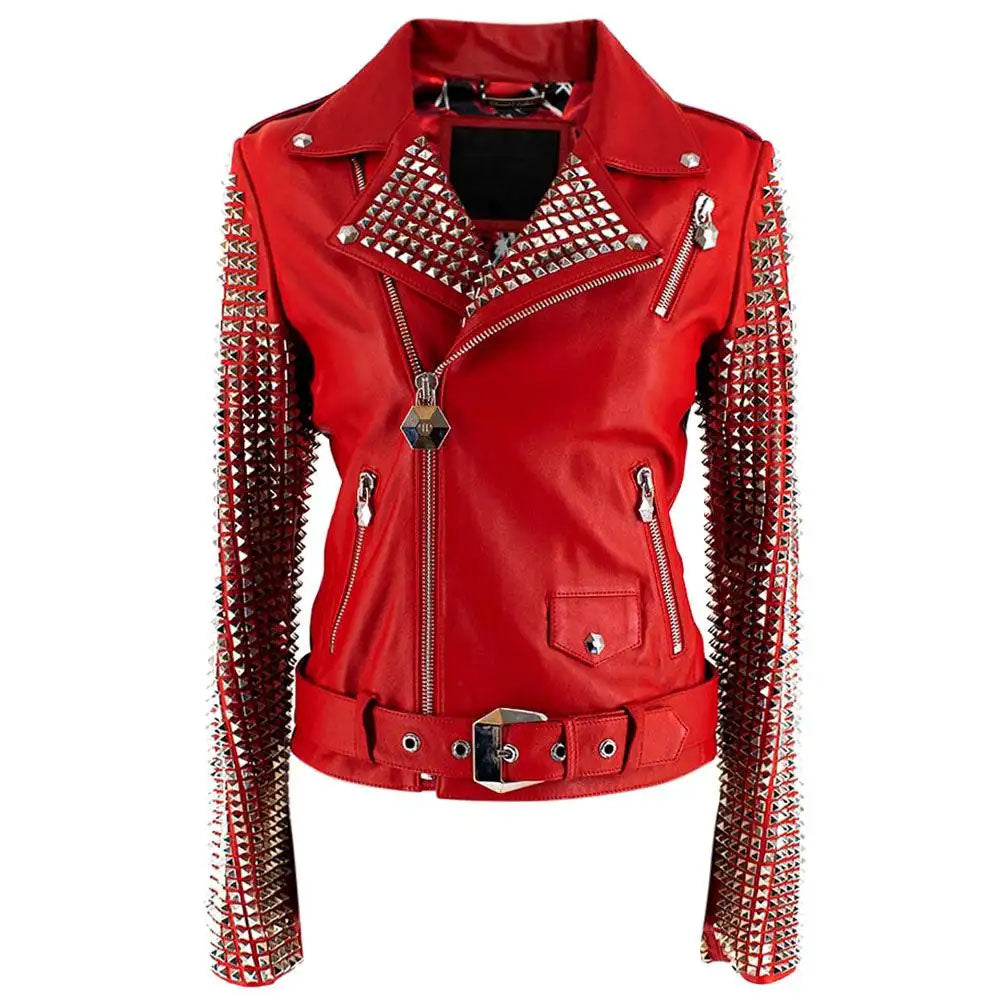 RED-LEATHER-JACKET_e2b96a46-091a-4e99-9d79-8c63fe87cc3d.jpg New Women's Red studded Fashion Motorcycle Leather Biker Jacket - Image 1