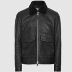 Black Shearling Collar Aviator Leather Jacket