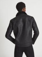 Black Shearling Collar Aviator Leather Jacket - Image 2