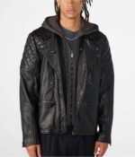 Men's Leather Removable Hood Moto Jacket In Black - Image 4
