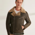 Men's Shearling Fur Biker Leather Jacket In Khaki