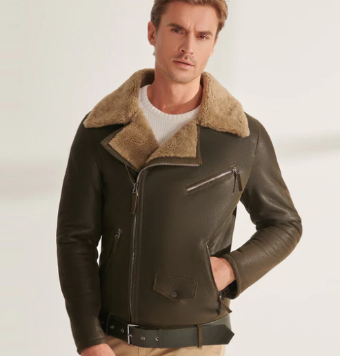 Shop-Mens-Shearling-Fur-Biker-Leather-Jacket-In-Khaki-Arcane-Fox-1.png Men's Shearling Fur Biker Leather Jacket In Khaki - Image 1