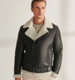 Men's Shearling Aviator Biker Leather Jacket In Black