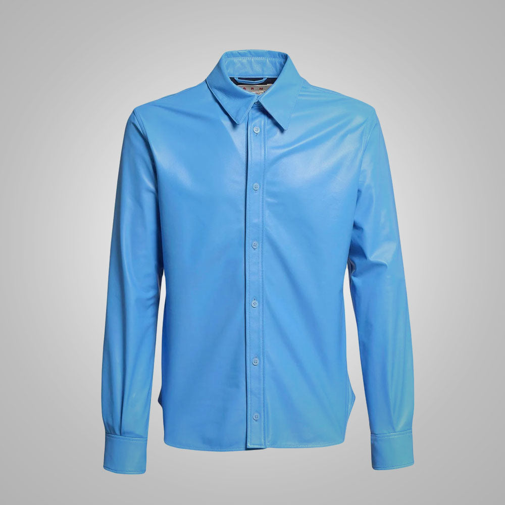 SkyBlueLambskinLeatherShirtMen4.jpg Sky Blue Lambskin Leather Shirt Men - Image 1