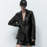 Women Black Oversized Leather Coat Blazer - Image 4