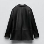 Women Black Oversized Leather Coat Blazer - Image 2