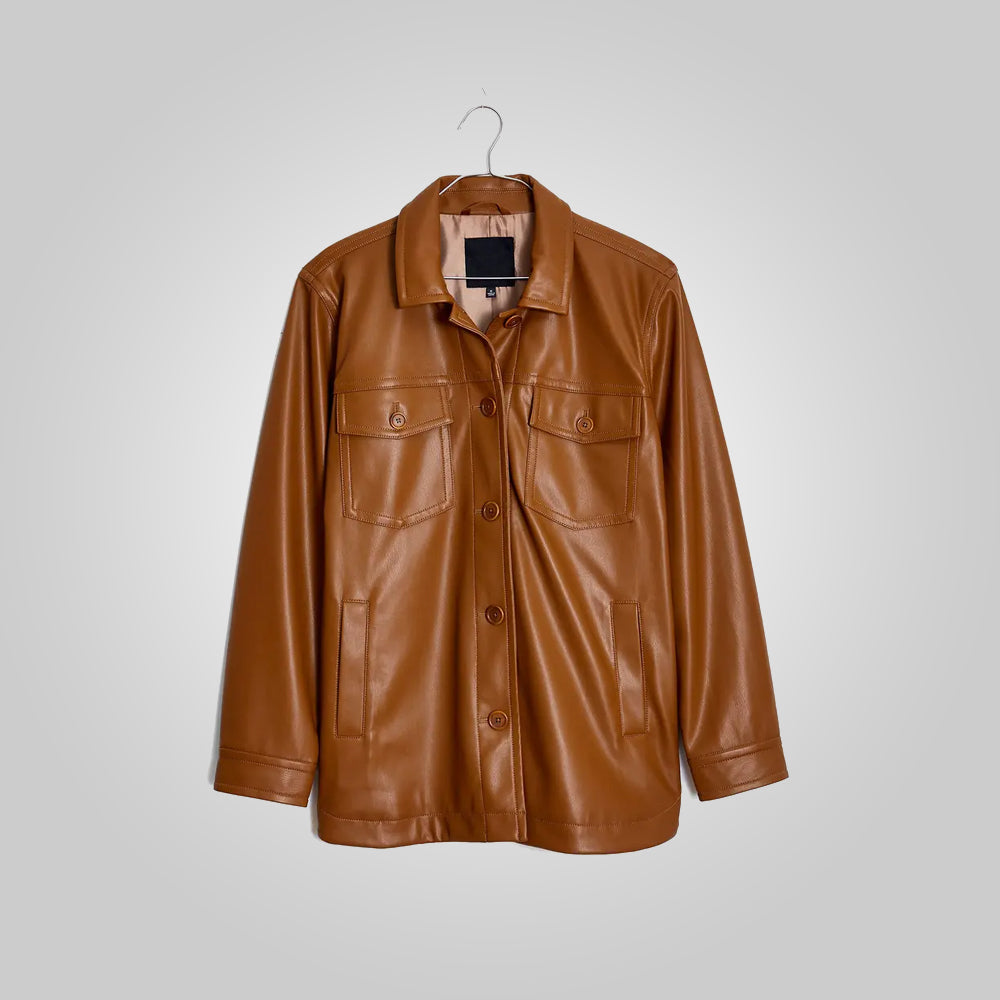 WomenBrownLeatherShirtJacket.jpg Women Brown Leather Shirt Jacket - Image 1