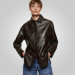 Women Brown Oversized Leather Shirt Styled Jacket - Image 4