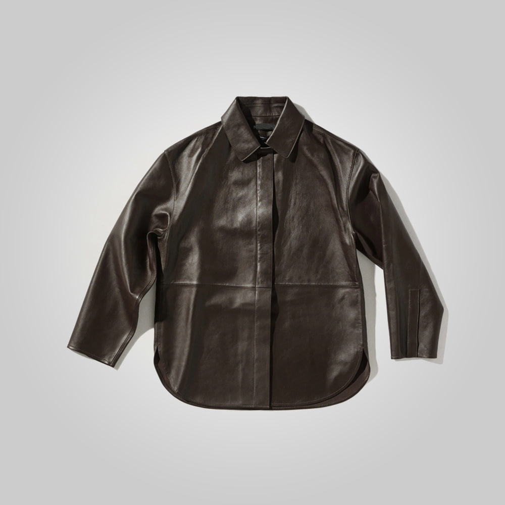 WomenBrownOversizedLeatherShirtStyledJacket4.jpg Women Brown Oversized Leather Shirt Styled Jacket - Image 1