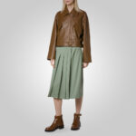 Women Brown Pointed Collar Plain Leather Jacket - Image 4