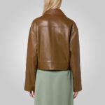 Women Brown Pointed Collar Plain Leather Jacket - Image 2