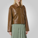 Women Brown Pointed Collar Plain Leather Jacket - Image 3