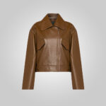 Women Brown Pointed Collar Plain Leather Jacket