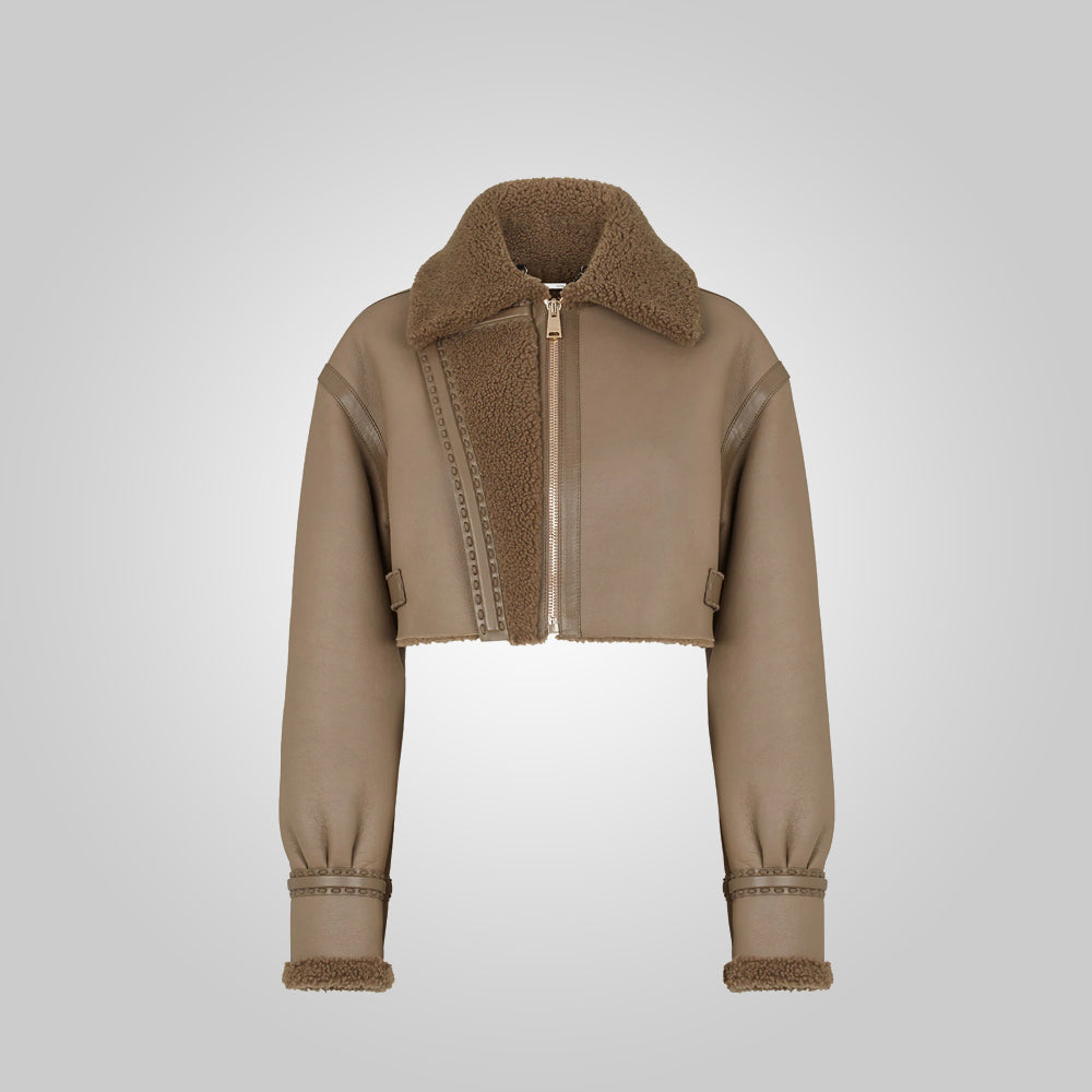 WomenCroppedBrownLeatherJacketWithFur2.jpg Women Cropped Brown Leather Jacket With Fur - Image 1
