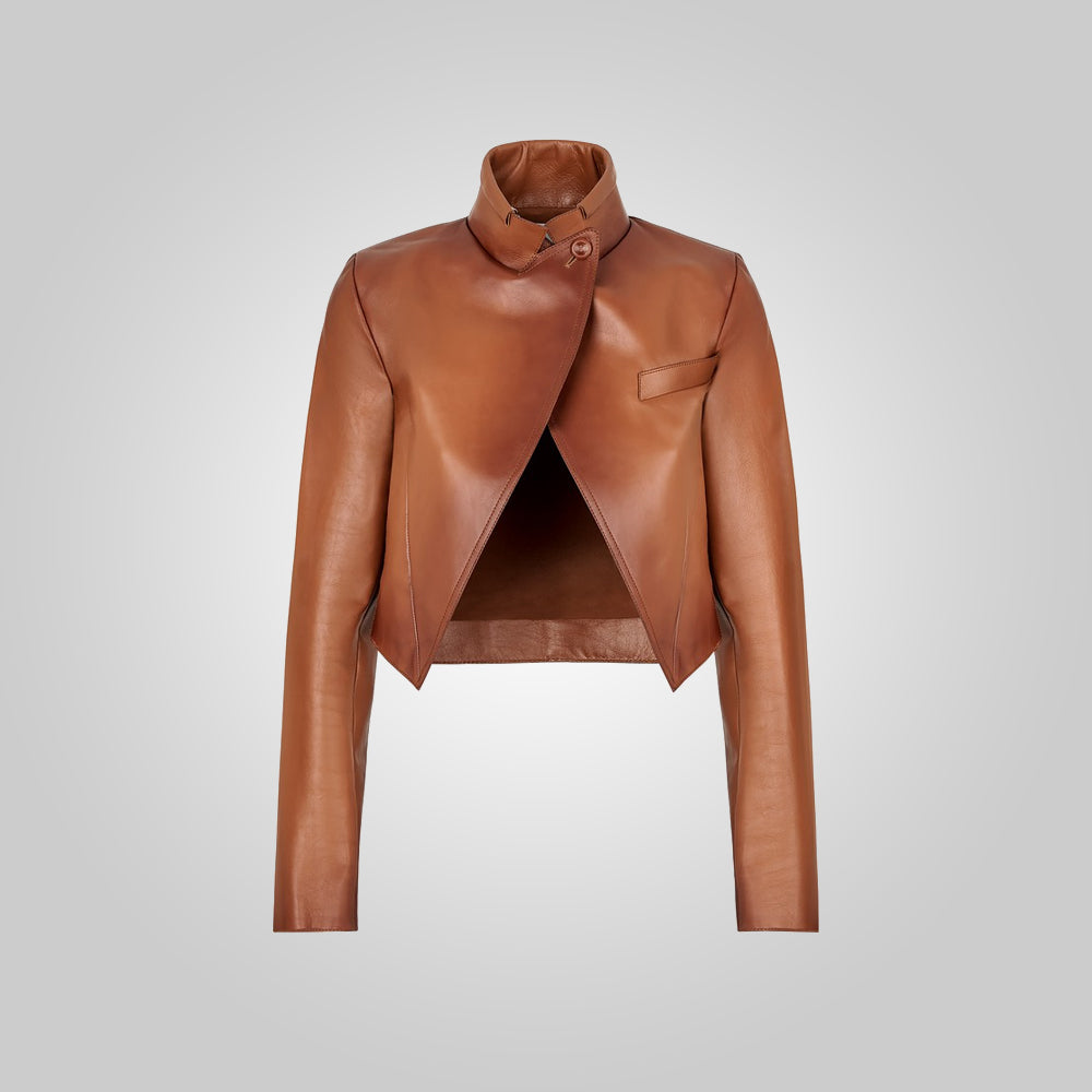 WomenCroppedGoatskinBrownLeatherJacket.jpg Women Cropped Goatskin Brown Leather Jacket - Image 1