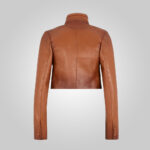 Women Cropped Goatskin Brown Leather Jacket - Image 3