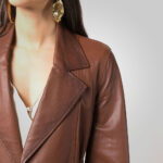 Women Goatskin Belted Brown Leather Jacket - Image 4