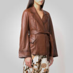 Women Goatskin Belted Brown Leather Jacket - Image 3