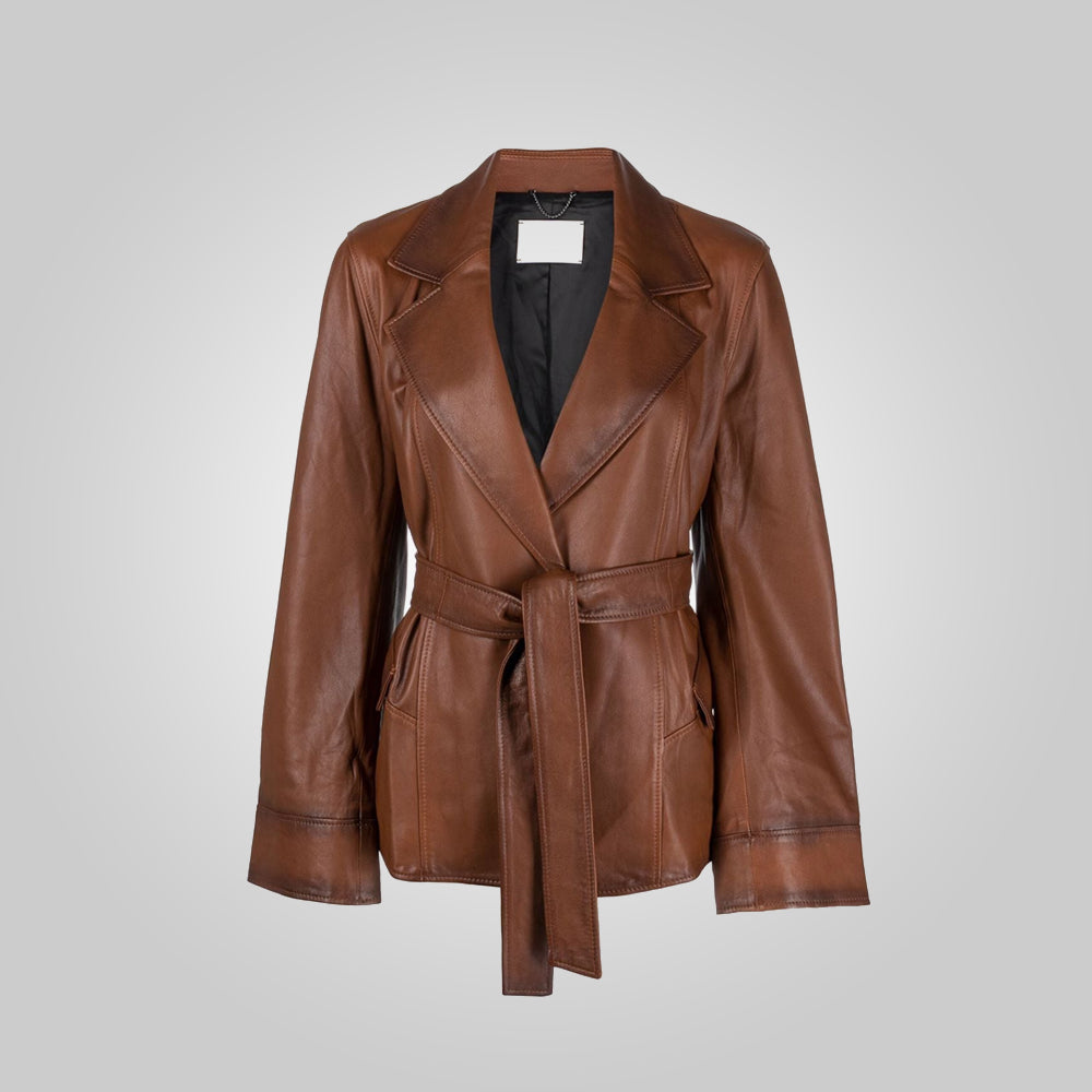 WomenGoatskinBeltedBrownLeatherJacket4.jpg Women Goatskin Belted Brown Leather Jacket - Image 1