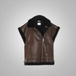 Women's Dark Brown Sheepskin Leather Black Shearling Vest - Image 3