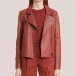 Women's Plain Red Leather Biker Jacket - Image 2