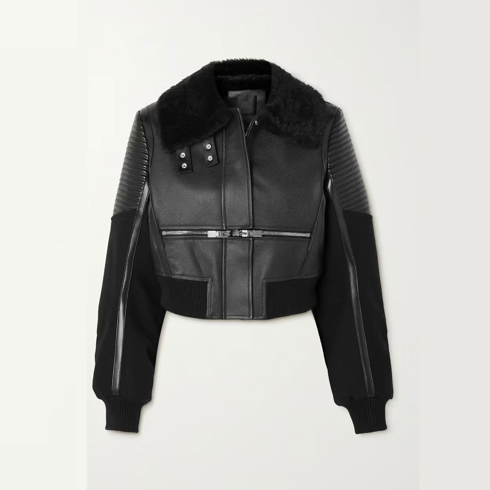 Womens-down-puffer-jacket-1-31-1.jpg Women Black Shearling-trimmed textured-leather bomber jacket - Image 1