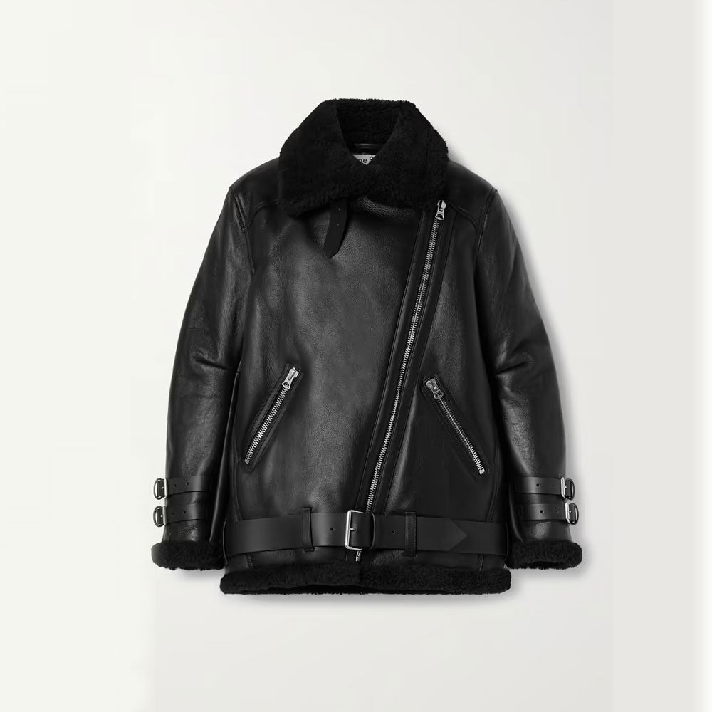 Womens-down-puffer-jacket-1-35-1.jpg Black RAF B3 Trimmed Sheepskin Shearling Leather Biker Jacket - Image 1