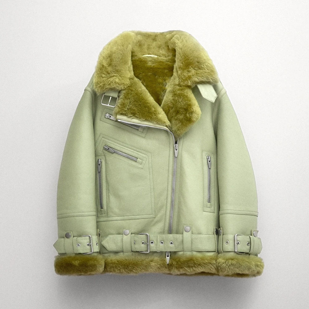Womens-down-puffer-jacket-1-43.jpg Women Light Green Aviator Styled Sheepskin Shearling Leather Jacket - Image 1