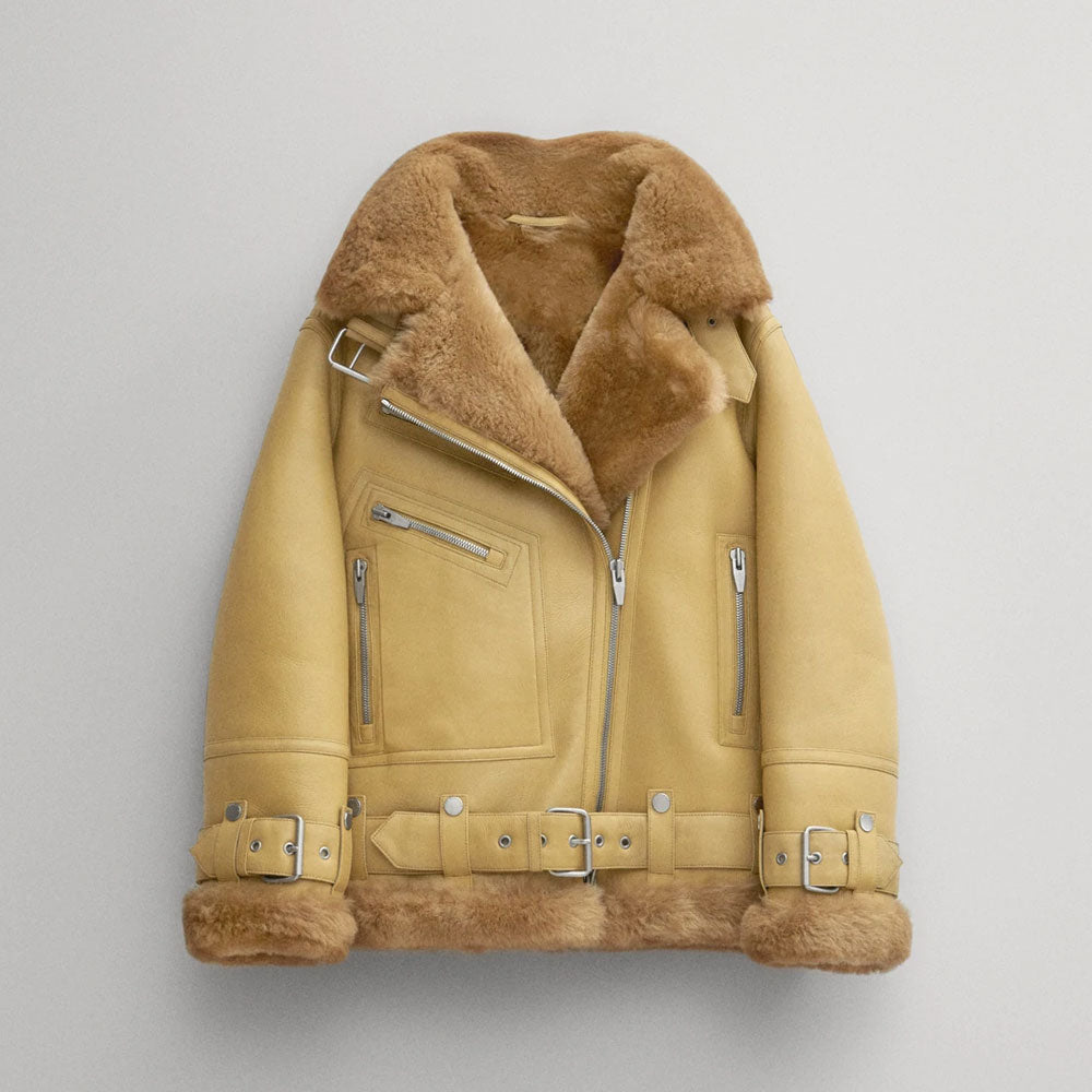 Womens-down-puffer-jacket-1-49.jpg Women Light Brown RAF Aviator Styled Sheepskin Shearling Leather Jacket - Image 1