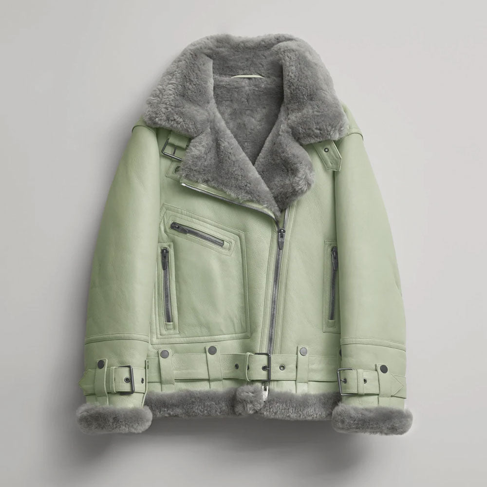 Womens-down-puffer-jacket-1-50_fca7fee1-6d68-4f39-988b-62a9ae3a1280.jpg Women Green RAF Aviator Styled Sheepskin Shearling Leather Jacket - Image 1
