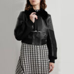 Women Black Shearling-trimmed textured-leather bomber jacket - Image 2