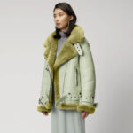 Women Light Green Aviator Styled Sheepskin Shearling Leather Jacket - Image 2