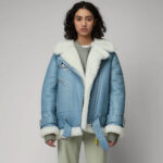 Women Light Blue B3 RAF Aviator Styled Sheepskin Shearling Leather Jacket - Image 2